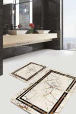 - PaspasTakimi-2li-Set1077-Gorsel-2 - Realhomes  2'li Set Gold - Krem Zeminde Çerçeveli Motifli Mermer Desenli Avangarde Klasik  2'li Banyo & Mutfak Paspas Takımı Realhomes