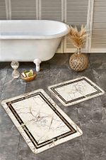 - Realhomes - Realhomes  2'li Set Gold - Krem Zeminde Çerçeveli Motifli Mermer Desenli Avangarde Klasik  2'li Banyo & Mutfak Paspas Takımı Realhomes