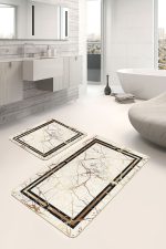 - PaspasTakimi-2li-Set1077-Gorsel-5 - Realhomes  2'li Set Gold - Krem Zeminde Çerçeveli Motifli Mermer Desenli Avangarde Klasik  2'li Banyo & Mutfak Paspas Takımı Realhomes