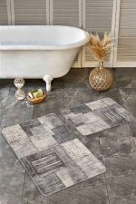 - Realhomes - Realhomes  2'li Set Krem - Kahverengi Zeminde Dokuma Halı Motifli Kilim Desenli Sade & Şık Klasik  2'li Banyo & Mutfak Paspas Takımı Realhomes