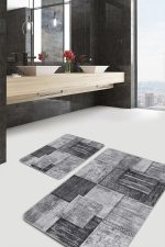 2'li Set Siyah - Beyaz Zeminde Dokuma Halı Motifli Eskitme Desenli Sade & Şık Klasik  2'li Banyo & Mutfak Paspas Takımı Realhomes