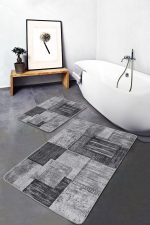 2'li Set Siyah - Beyaz Zeminde Dokuma Halı Motifli Eskitme Desenli Sade & Şık Klasik  2'li Banyo & Mutfak Paspas Takımı Realhomes