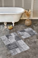 2'li Set Siyah - Beyaz Zeminde Dokuma Halı Motifli Eskitme Desenli Sade & Şık Klasik  2'li Banyo & Mutfak Paspas Takımı Realhomes