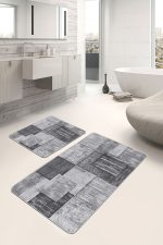 2'li Set Siyah - Beyaz Zeminde Dokuma Halı Motifli Eskitme Desenli Sade & Şık Klasik  2'li Banyo & Mutfak Paspas Takımı Realhomes