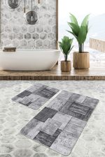 2'li Set Siyah - Beyaz Zeminde Dokuma Halı Motifli Eskitme Desenli Sade & Şık Klasik  2'li Banyo & Mutfak Paspas Takımı Realhomes