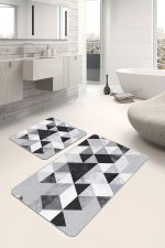 2'li Set Siyah - Beyaz Zeminde Geometrik Motifli Mermer Desenli Geometrik Sade & Şık  2'li Banyo & Mutfak Paspas Takımı Realhomes