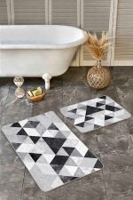 2'li Set Siyah - Beyaz Zeminde Geometrik Motifli Mermer Desenli Geometrik Sade & Şık  2'li Banyo & Mutfak Paspas Takımı Realhomes