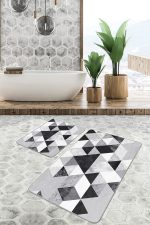 2'li Set Siyah - Beyaz Zeminde Geometrik Motifli Mermer Desenli Geometrik Sade & Şık  2'li Banyo & Mutfak Paspas Takımı Realhomes