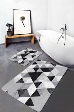 2'li Set Siyah - Beyaz Zeminde Geometrik Motifli Mermer Desenli Geometrik Sade & Şık  2'li Banyo & Mutfak Paspas Takımı Realhomes