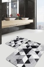 2'li Set Siyah - Beyaz Zeminde Geometrik Motifli Mermer Desenli Geometrik Sade & Şık  2'li Banyo & Mutfak Paspas Takımı Realhomes