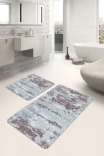 2'li Set Mavi Zeminde Örgü Motifli Eskitme Desenli Eskitme Motifli Vintage  2'li Banyo & Mutfak Paspas Takımı Realhomes