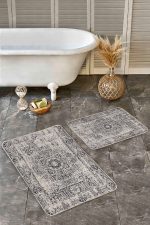 - Realhomes - Realhomes  2'li Set Krem - Siyah Zeminde Antik Motifli Dokuma Halı Desenli Avangarde Eskitme Motifli  2'li Banyo & Mutfak Paspas Takımı Realhomes