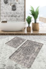 - PaspasTakimi-2li-Set1082-Gorsel-2 - Realhomes  2'li Set Krem - Siyah Zeminde Antik Motifli Dokuma Halı Desenli Avangarde Eskitme Motifli  2'li Banyo & Mutfak Paspas Takımı Realhomes