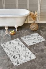 2'li Set Siyah - Gri Zeminde Geometrik Motifli Kilim Desenli Geometrik Sade & Şık  2'li Banyo & Mutfak Paspas Takımı Realhomes
