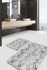 2'li Set Siyah - Gri Zeminde Geometrik Motifli Kilim Desenli Geometrik Sade & Şık  2'li Banyo & Mutfak Paspas Takımı Realhomes
