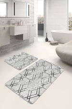 2'li Set Siyah - Gri Zeminde Geometrik Motifli Kilim Desenli Geometrik Sade & Şık  2'li Banyo & Mutfak Paspas Takımı Realhomes