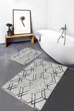2'li Set Siyah - Gri Zeminde Geometrik Motifli Kilim Desenli Geometrik Sade & Şık  2'li Banyo & Mutfak Paspas Takımı Realhomes