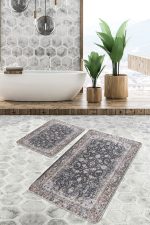 - PaspasTakimi-2li-Set1084-Gorsel-1 - Realhomes 2'li Set Kahverengi Zeminde Kilim Motifli Geleneksel Desenli Avangarde Eskitme Motifli 2'li Banyo & Mutfak Paspas Takımı Realhomes