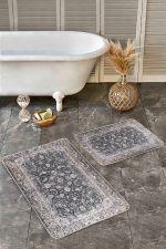 - Realhomes - Realhomes 2'li Set Kahverengi Zeminde Kilim Motifli Geleneksel Desenli Avangarde Eskitme Motifli 2'li Banyo & Mutfak Paspas Takımı Realhomes