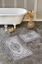 2'li Set Gri Zeminde Göbekli Halı Motifli Uşak Desenli Avangarde Eskitme Motifli  2'li Banyo & Mutfak Paspas Takımı Realhomes