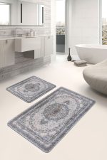 2'li Set Gri Zeminde Göbekli Halı Motifli Uşak Desenli Avangarde Eskitme Motifli  2'li Banyo & Mutfak Paspas Takımı Realhomes