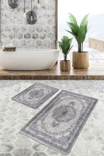 2'li Set Gri Zeminde Göbekli Halı Motifli Uşak Desenli Avangarde Eskitme Motifli  2'li Banyo & Mutfak Paspas Takımı Realhomes