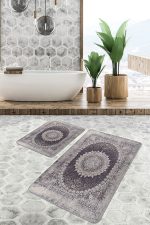 2'li Set Krem Zeminde Hereke Motifli Dokuma Halı Desenli Etnik Motifler Eskitme Motifli  2'li Banyo & Mutfak Paspas Takımı Realhomes