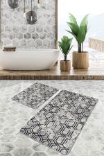 2'li Set Gri - Siyah Zeminde Eskitme Motifli Geometrik Desenli Geometrik Eskitme Motifli  2'li Banyo & Mutfak Paspas Takımı Realhomes