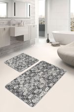2'li Set Gri - Siyah Zeminde Eskitme Motifli Geometrik Desenli Geometrik Eskitme Motifli  2'li Banyo & Mutfak Paspas Takımı Realhomes