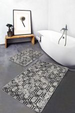 2'li Set Gri - Siyah Zeminde Eskitme Motifli Geometrik Desenli Geometrik Eskitme Motifli  2'li Banyo & Mutfak Paspas Takımı Realhomes