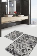 2'li Set Gri - Siyah Zeminde Eskitme Motifli Geometrik Desenli Geometrik Eskitme Motifli  2'li Banyo & Mutfak Paspas Takımı Realhomes