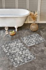 2'li Set Gri - Siyah Zeminde Eskitme Motifli Geometrik Desenli Geometrik Eskitme Motifli  2'li Banyo & Mutfak Paspas Takımı Realhomes
