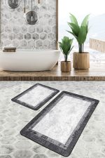 2'li Set Siyah - Gri Zeminde Çerçeveli Motifli Eskitme Desenli Eskitme Motifli Avangarde  2'li Banyo & Mutfak Paspas Takımı Realhomes