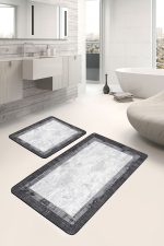 2'li Set Siyah - Gri Zeminde Çerçeveli Motifli Eskitme Desenli Eskitme Motifli Avangarde  2'li Banyo & Mutfak Paspas Takımı Realhomes