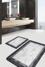 2'li Set Siyah - Gri Zeminde Çerçeveli Motifli Eskitme Desenli Eskitme Motifli Avangarde  2'li Banyo & Mutfak Paspas Takımı Realhomes