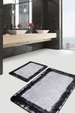 - PaspasTakimi-2li-Set1092-Gorsel-5 - Realhomes 2'li Set Siyah - Gri Zeminde Çerçeveli Motifli Dokuma Desenli Klasik Avangarde 2'li Banyo & Mutfak Paspas Takımı Realhomes