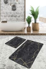 - PaspasTakimi-2li-Set1093-Gorsel-1 - Realhomes  2'li Set Siyah - Gold Zeminde Çerçeveli Motifli Mermer Desenli Geometrik Klasik  2'li Banyo & Mutfak Paspas Takımı Realhomes