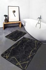 - PaspasTakimi-2li-Set1093-Gorsel-2 - Realhomes  2'li Set Siyah - Gold Zeminde Çerçeveli Motifli Mermer Desenli Geometrik Klasik  2'li Banyo & Mutfak Paspas Takımı Realhomes