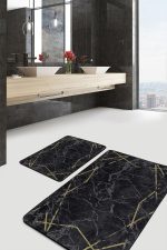 - PaspasTakimi-2li-Set1093-Gorsel-4 - Realhomes  2'li Set Siyah - Gold Zeminde Çerçeveli Motifli Mermer Desenli Geometrik Klasik  2'li Banyo & Mutfak Paspas Takımı Realhomes