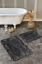 - Realhomes - Realhomes  2'li Set Siyah - Gold Zeminde Çerçeveli Motifli Mermer Desenli Geometrik Klasik  2'li Banyo & Mutfak Paspas Takımı Realhomes