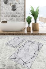 2'li Set Gri - Siyah Zeminde Çerçeveli Motifli Mermer Desenli Geometrik Klasik  2'li Banyo & Mutfak Paspas Takımı Realhomes