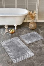 - Realhomes - Realhomes  2'li Set Gri - Beyaz Zeminde Çerçeveli Motifli Antik Desenli Sade & Şık Vintage  2'li Banyo & Mutfak Paspas Takımı Realhomes