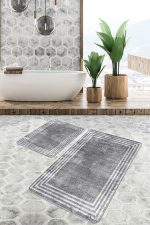 - PaspasTakimi-2li-Set1095-Gorsel-4 - Realhomes  2'li Set Gri - Beyaz Zeminde Çerçeveli Motifli Antik Desenli Sade & Şık Vintage  2'li Banyo & Mutfak Paspas Takımı Realhomes