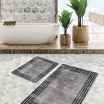 2'li Set Beyaz Zeminde Geometrik Motifli Eskitme Desenli Geometrik Sade & Şık  2'li Banyo & Mutfak Paspas Takımı Realhomes