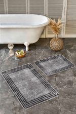 - Realhomes - Realhomes 2'li Set Kahverengi Zeminde Çerçeveli Motifli Eskitme Desenli Klasik Eskitme Motifli 2'li Banyo & Mutfak Paspas Takımı Realhomes