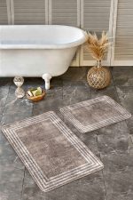 - Realhomes - Realhomes  2'li Set Kahverengi - Beyaz Zeminde Çerçeveli Motifli Dokuma Desenli Geometrik Eskitme Motifli  2'li Banyo & Mutfak Paspas Takımı Realhomes