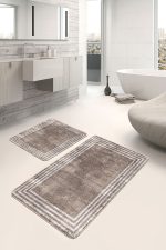 - PaspasTakimi-2li-Set1097-Gorsel-4 - Realhomes  2'li Set Kahverengi - Beyaz Zeminde Çerçeveli Motifli Dokuma Desenli Geometrik Eskitme Motifli  2'li Banyo & Mutfak Paspas Takımı Realhomes