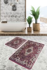 2'li Set Kırmızı Zeminde Dokuma Halı Motifli Osmanlı Desenli Avangarde Etnik Motifler  2'li Banyo & Mutfak Paspas Takımı Realhomes