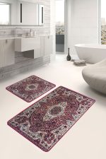 2'li Set Kırmızı Zeminde Dokuma Halı Motifli Osmanlı Desenli Avangarde Etnik Motifler  2'li Banyo & Mutfak Paspas Takımı Realhomes