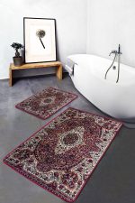2'li Set Kırmızı Zeminde Dokuma Halı Motifli Osmanlı Desenli Avangarde Etnik Motifler  2'li Banyo & Mutfak Paspas Takımı Realhomes